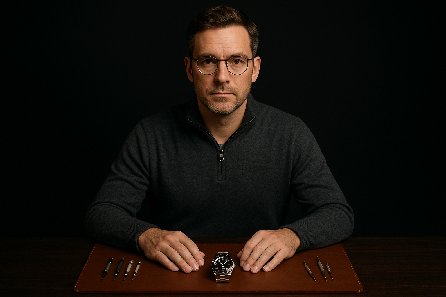the same but square on picture of desk, add some wire framed glasses and change the papers on the desk to a watch on a rolled out leather desk matt, the watch is surrounded by a few watch making accessories like screwdrivers, cloth, strap removal tool