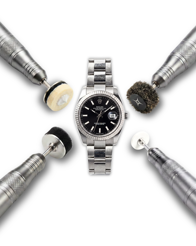 Rolex Datejust watch surrounded by four rotary polishing attachments